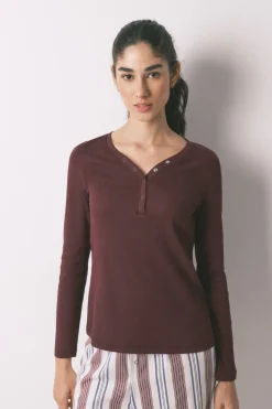 Camiseta manga larga algod&oacute;n canal&eacute; granate