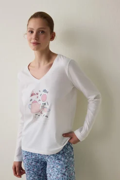 Conjunto de pijama de manga larga con cuello en V y estampado Cup Of Tea