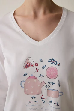 Conjunto de pijama de manga larga con cuello en V y estampado Cup Of Tea