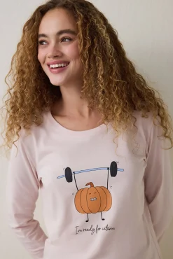 Conjunto de pijama de manga larga con cuello redondo y estampado de calabazas