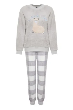 Conjunto pijama polar cuadros gris