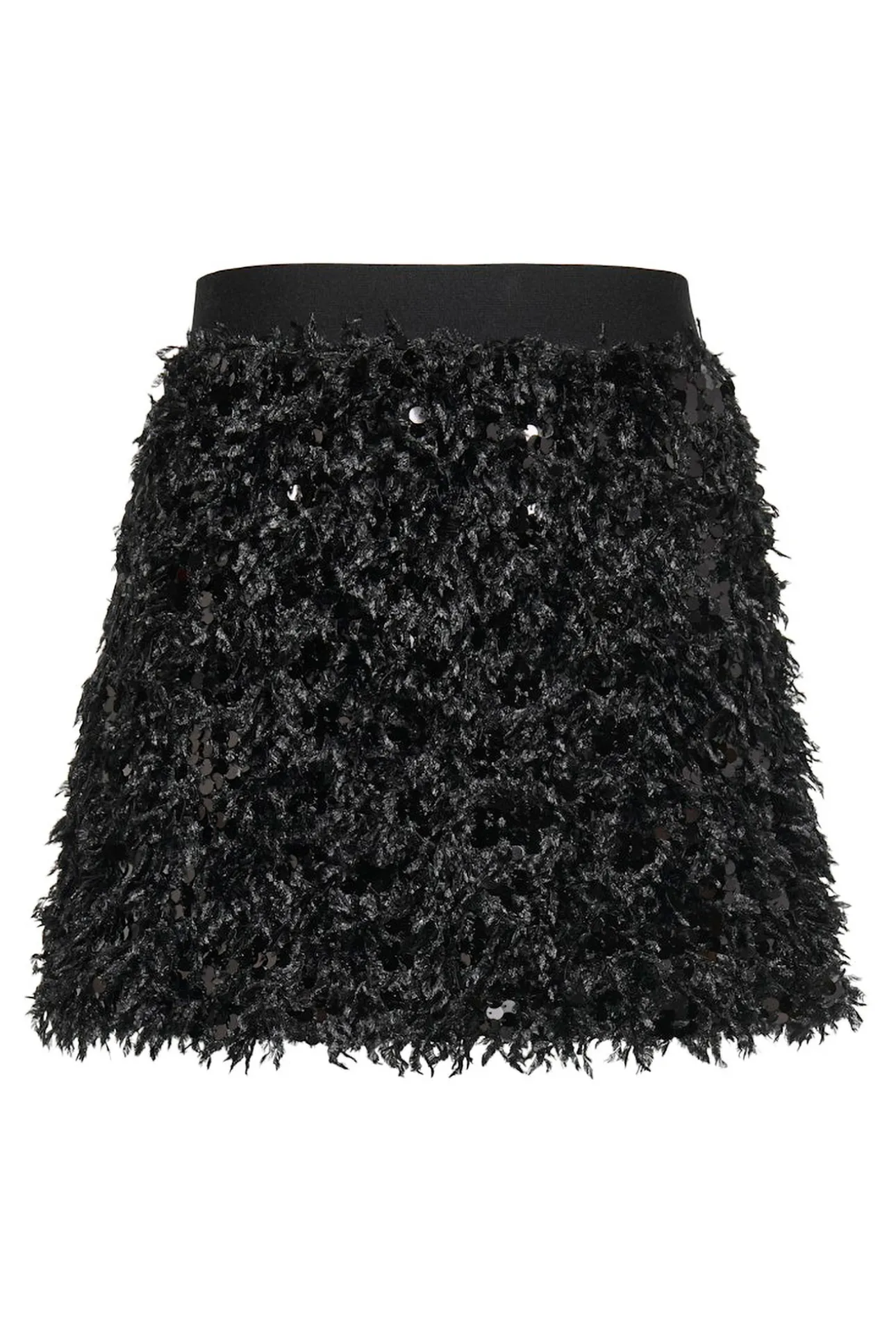 Falda corta de plumas y lentejuelas