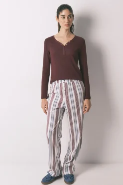 Pantalón largo 100% algodón estampado rayas granate