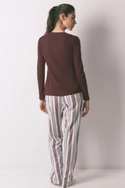 Pantal&oacute;n largo 100% algod&oacute;n estampado rayas granate