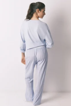 Pantal&oacute;n largo 100% algod&oacute;n estampado rayas azul