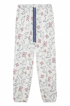 Pantal&oacute;n largo blanco estampado p&aacute;jaros