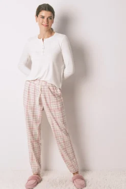 Pantalón largo franela rosa print cuadros