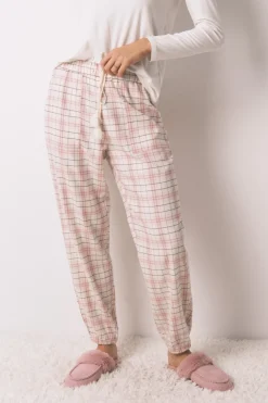 Pantal&oacute;n largo franela rosa print cuadros