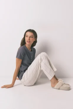 Pantalón largo franela blanco print cuadros