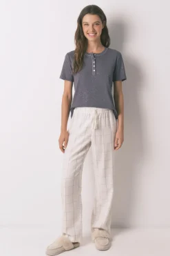 Pantal&oacute;n largo franela blanco print cuadros