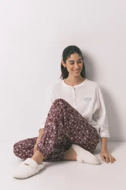 Pantalón largo granate estampado flores