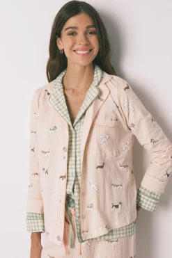 Pijama camisero largo 100% algod&oacute;n estampado rayas y perritos