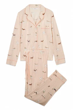 Pijama camisero largo 100% algod&oacute;n estampado rayas y perritos