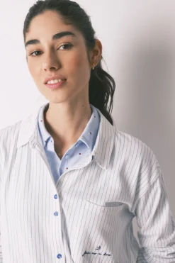 Pijama camisero largo 100% algod&oacute;n blanco rayas