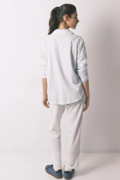 Pijama camisero largo 100% algod&oacute;n blanco rayas