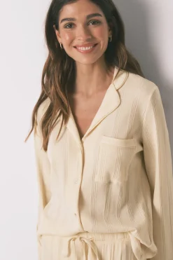 Pijama camisero largo algodón canalé amarillo