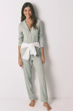 Pijama camisero largo algodón canalé verde