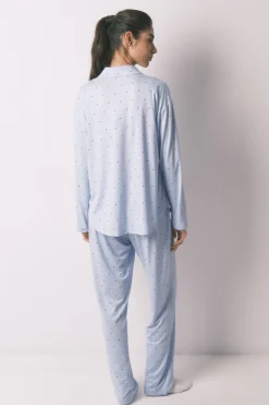 Pijama camisero largo azul estampado puntos