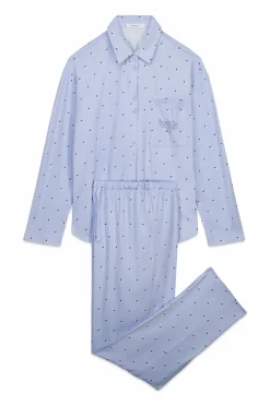 Pijama camisero largo azul estampado puntos