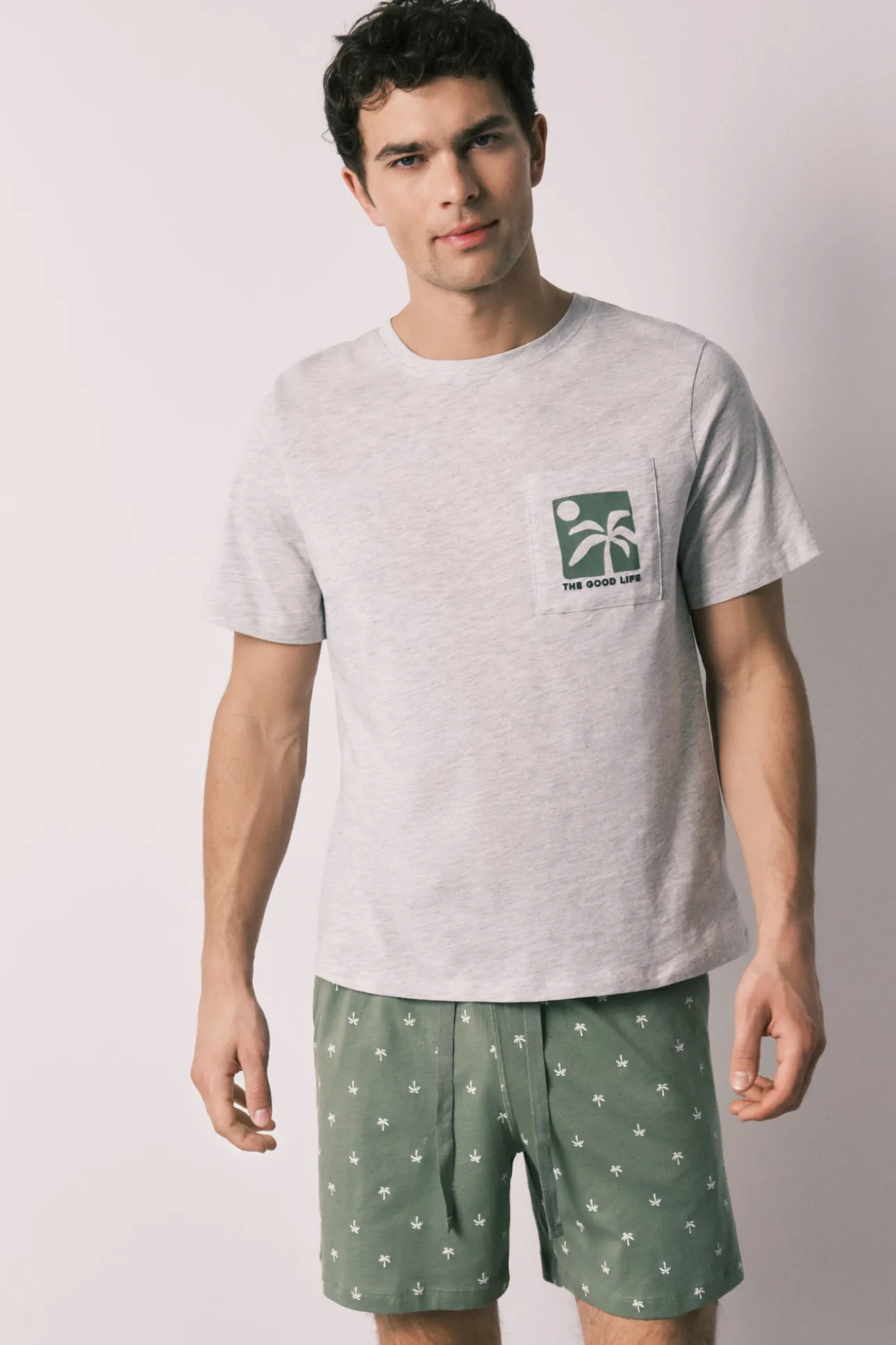 Pijama corto hombre algodón estampado palmeras