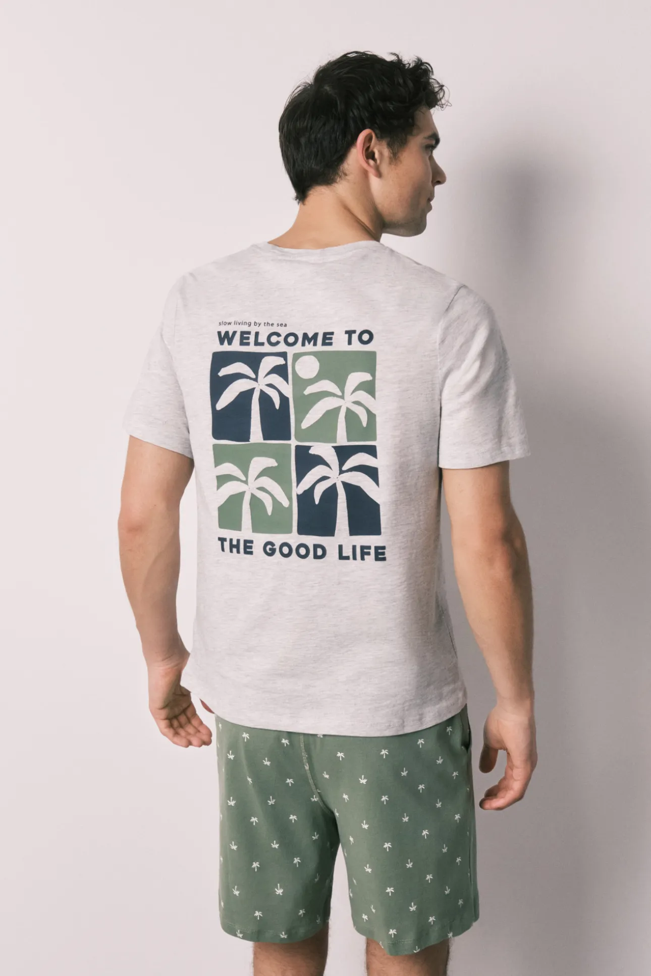 Pijama corto hombre algodón estampado palmeras
