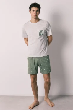 Pijama corto hombre algodón estampado palmeras