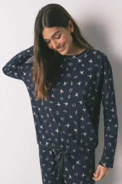 Pijama largo 100% algod&oacute;n azul estampado ranitas