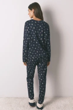 Pijama largo 100% algod&oacute;n azul estampado ranitas