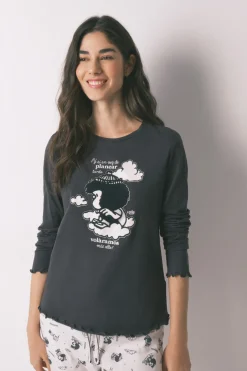 Pijama largo 100% algod&oacute;n gris estampado Mafalda