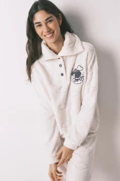 Pijama largo polar gris estampado nubes