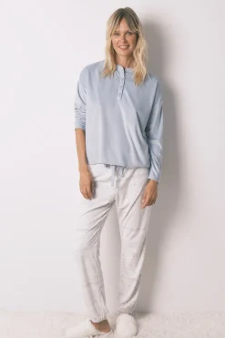 Pijama largo polar suave cenefas azul