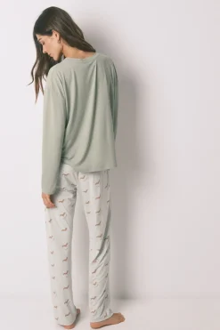 Pijama largo punto suave verde estampado perritos