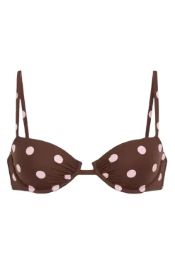 Top bikini balconette estampado lunares marr&oacute;n