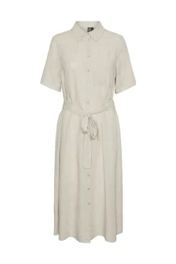 Vestido camisero midi de lino en manga corta