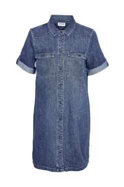 Vestido corto vaquero con manga corta, cuello y bolsillos frontales