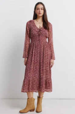 Vestido midi escote volante estampado