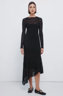 Vestido midi lace asim&eacute;trico